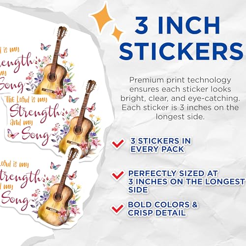 (3 Pack) Christian Guitar Decals - The Lord is My Strength - Laptop Decals - 3 Inches On Longest Side - Easy Peel & Apply - Made in USA - 3MCS7331