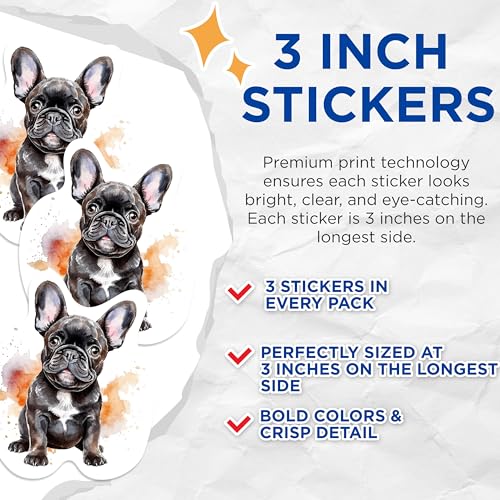 (3 Pack) French Bulldog Decals - Cute Dog Stickers - Watercolor Puppy Decal - 3 Inches On Longest Side - Easy Peel & Apply - Made in USA - 3MCS1063