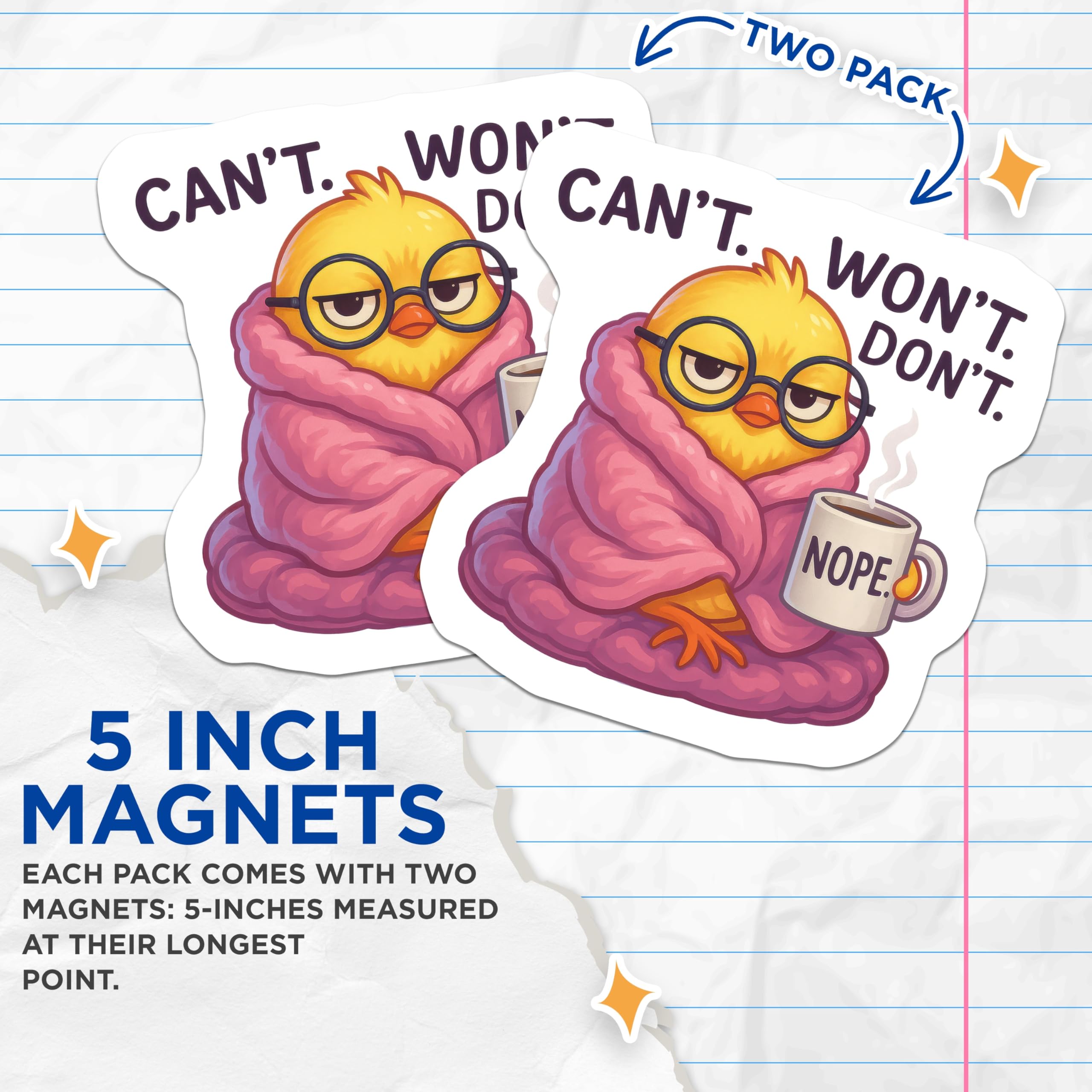 (2 Pack) Grumpy Chick Magnets - Nope Coffee Mug - Lazy Bird Humor - Cant Wont Dont Sarcasm - 5 Inches On Longest Side - Thick Durable Magnet - Made in USA - MAG21038
