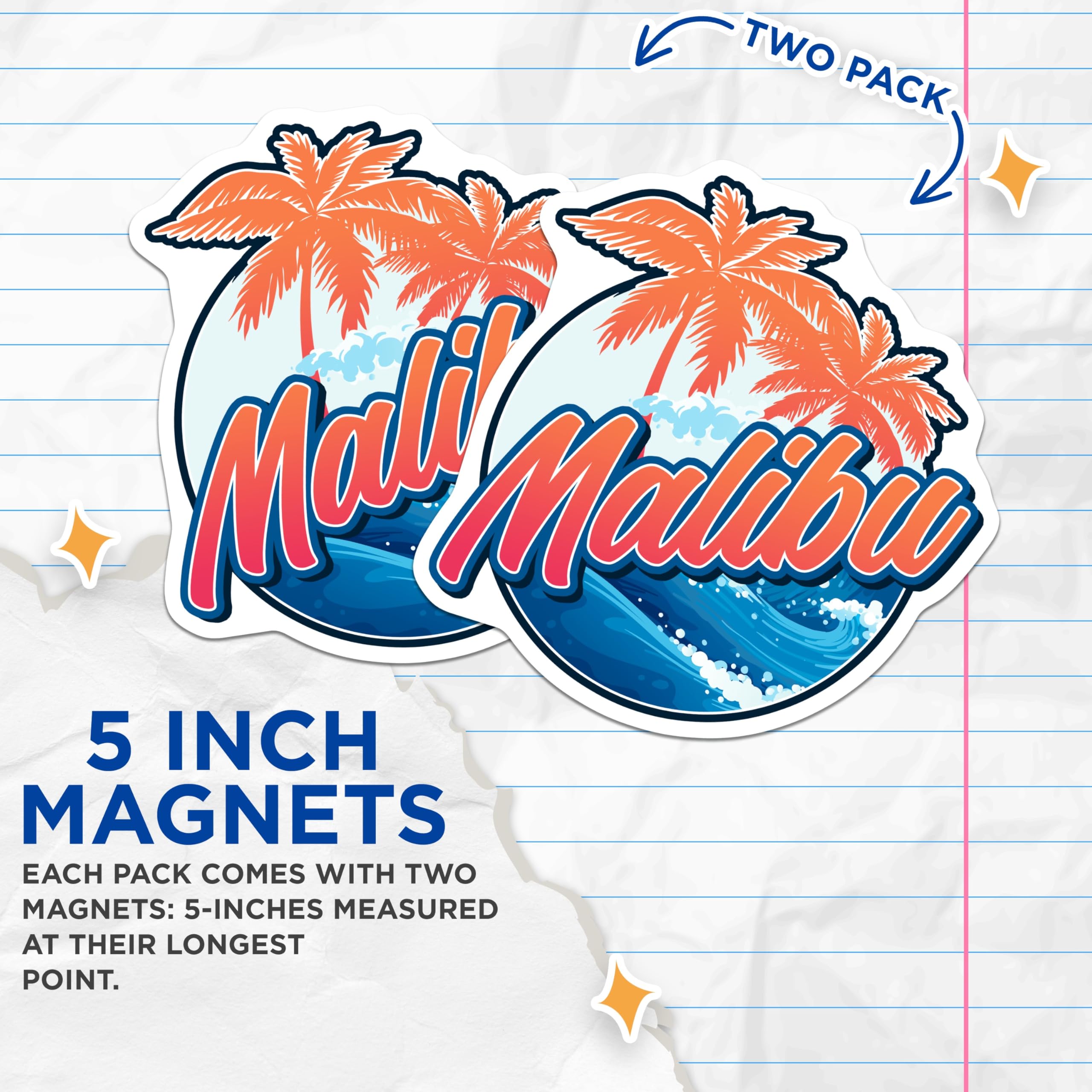 (2 Pack) Malibu California Magnets - Coastal Palm Trees Ocean Waves - Summer Beach Travel Decor - 5 Inches On Longest Side - Thick Durable Magnet - Made in USA - MAG19114
