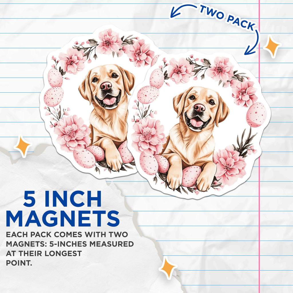 (2 Pack) Golden Retriever Magnets - Happy Labrador Dog Decor - Easter Spring Pet Lover Fridge Art - 5 Inches On Longest Side - Thick Durable Magnet - Made in USA - MAG37519