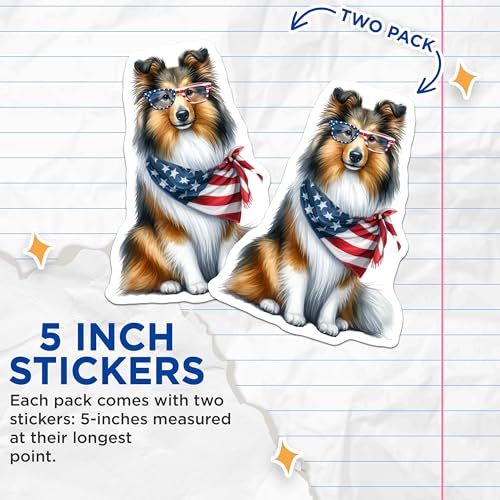 (2 Pack) Patriotic Dog Stickers - American Flag Bandana - Fourth of July Dog Lover - 5" On Longest Side - Sticks to Smooth Flat Surfaces - Made in USA - BMCS6701