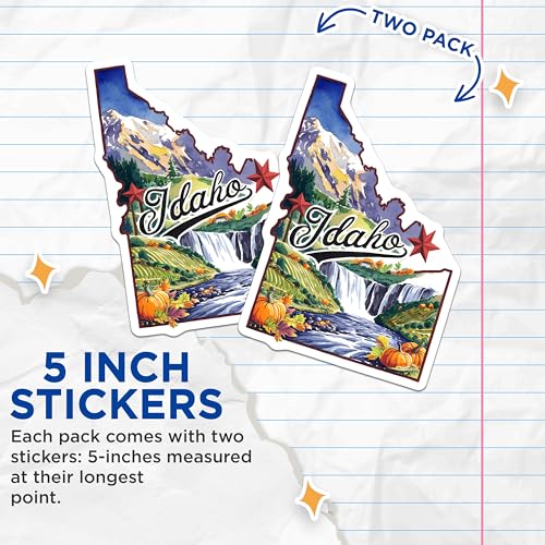 (2 Pack) Idaho Travel Stickers - Scenic State Stickers - Nature Landscape Stickers - 5" On Longest Side - Sticks to Smooth Flat Surfaces - Made in USA - BMCS6310