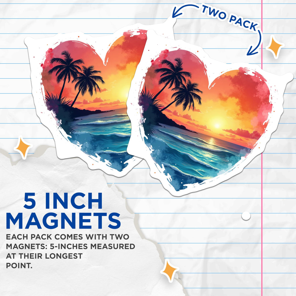 (2 Pack) Tropical Sunset Beach Magnets - Heart Ocean Scene - Palm Tree Vacation Vibe Art Decor - 5 Inches On Longest Side - Thick Durable Magnet - Made in USA - MAG26435