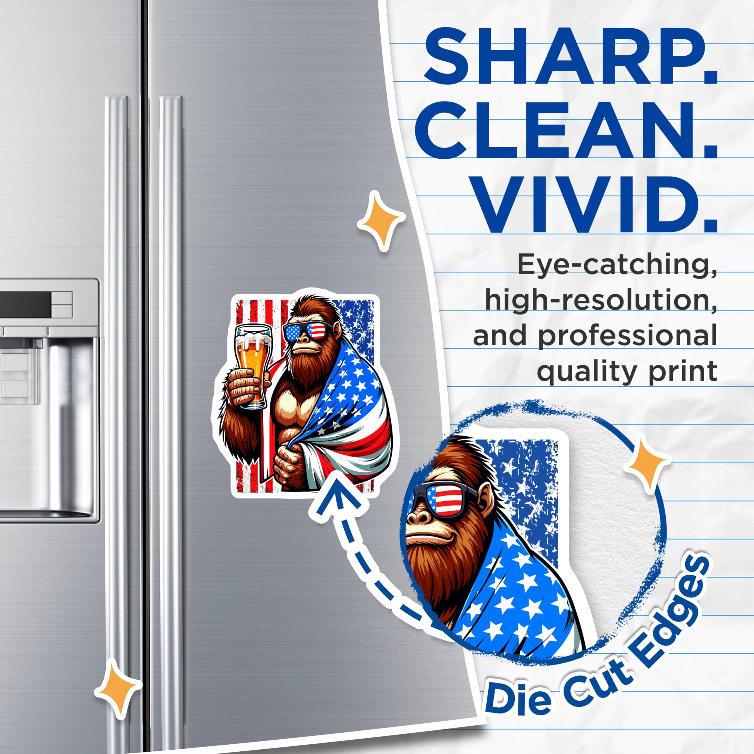 (2 Pack) Bigfoot Magnets - American Flag Sasquatch Beer Decor - Patriotic Cryptozoology Refrigerator Art - 5 Inches On Longest Side - Thick Durable Magnet - Made in USA - MAG21287