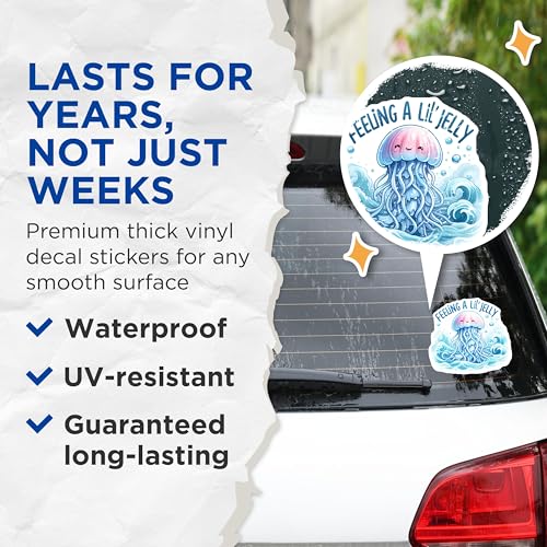 (2 Pack) Feeling A Lil Jelly Stickers - Cute Sea Creature - Ocean Theme - Illustrated Jellyfish - 5" On Longest Side - Sticks to Smooth Flat Surfaces - Made in USA - BMCS6249
