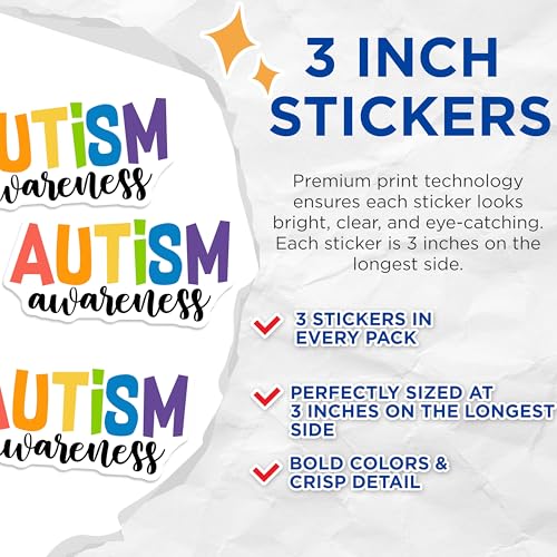 (3 Pack) Autism Awareness Decals - Autism Awareness Stickers - Autism Support Decals - 3 Inches On Longest Side - Easy Peel & Apply - Made in USA - 3MCS7197
