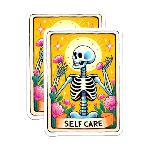 (2 Pack) Self Care Skeleton Stickers - Motivational Skeleton - Positive Affirmation - 5" On Longest Side - Sticks to Smooth Flat Surfaces - Made in USA - BMCS9420