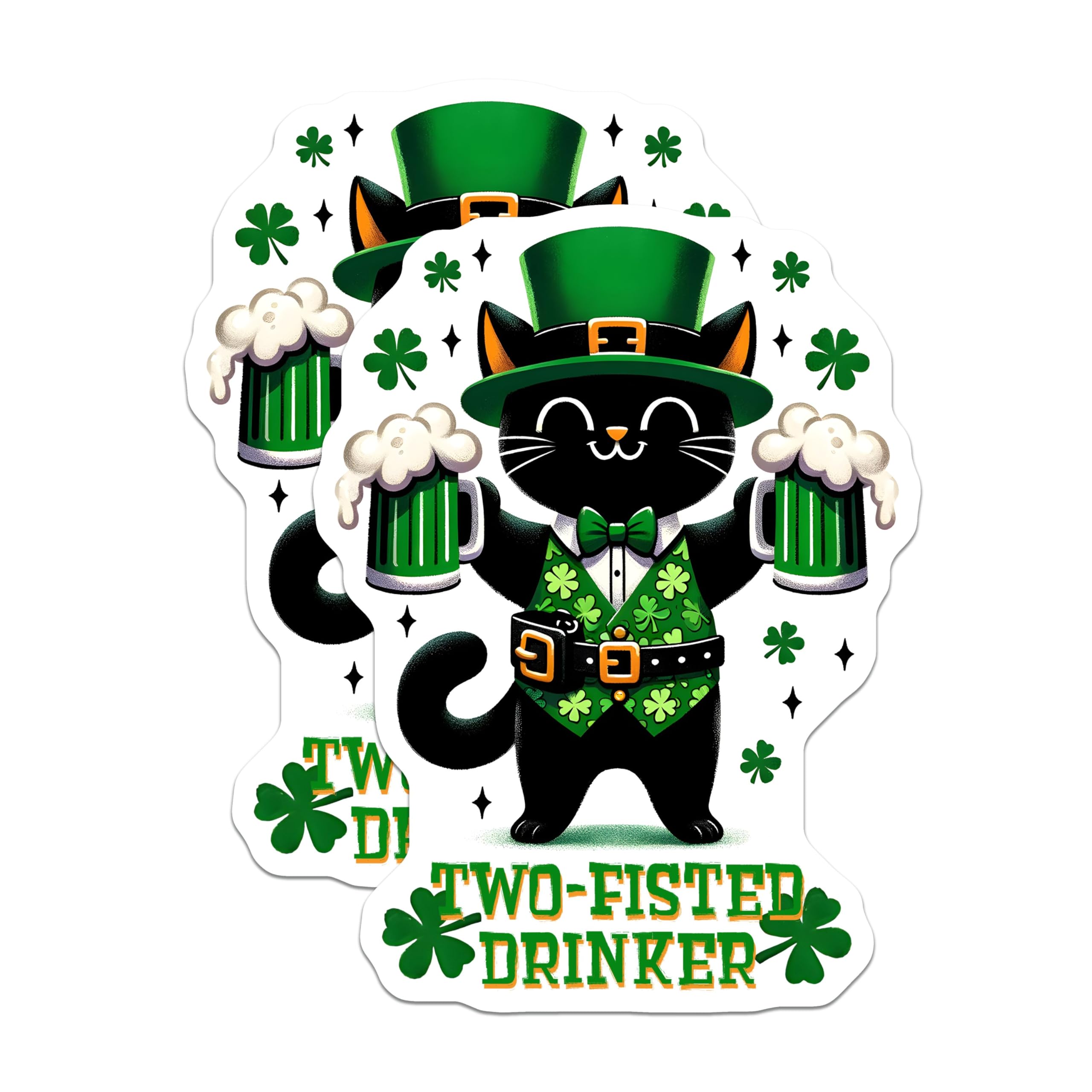 (2 Pack) Saint Patrick's Day Cat Stickers - Cute Cat Drinking Beer - Funny Two-Fisted Drinker - Shamrock Hat Art - 5" On Longest Side - Sticks to Smooth Flat Surfaces - Made in USA - BMCS8104