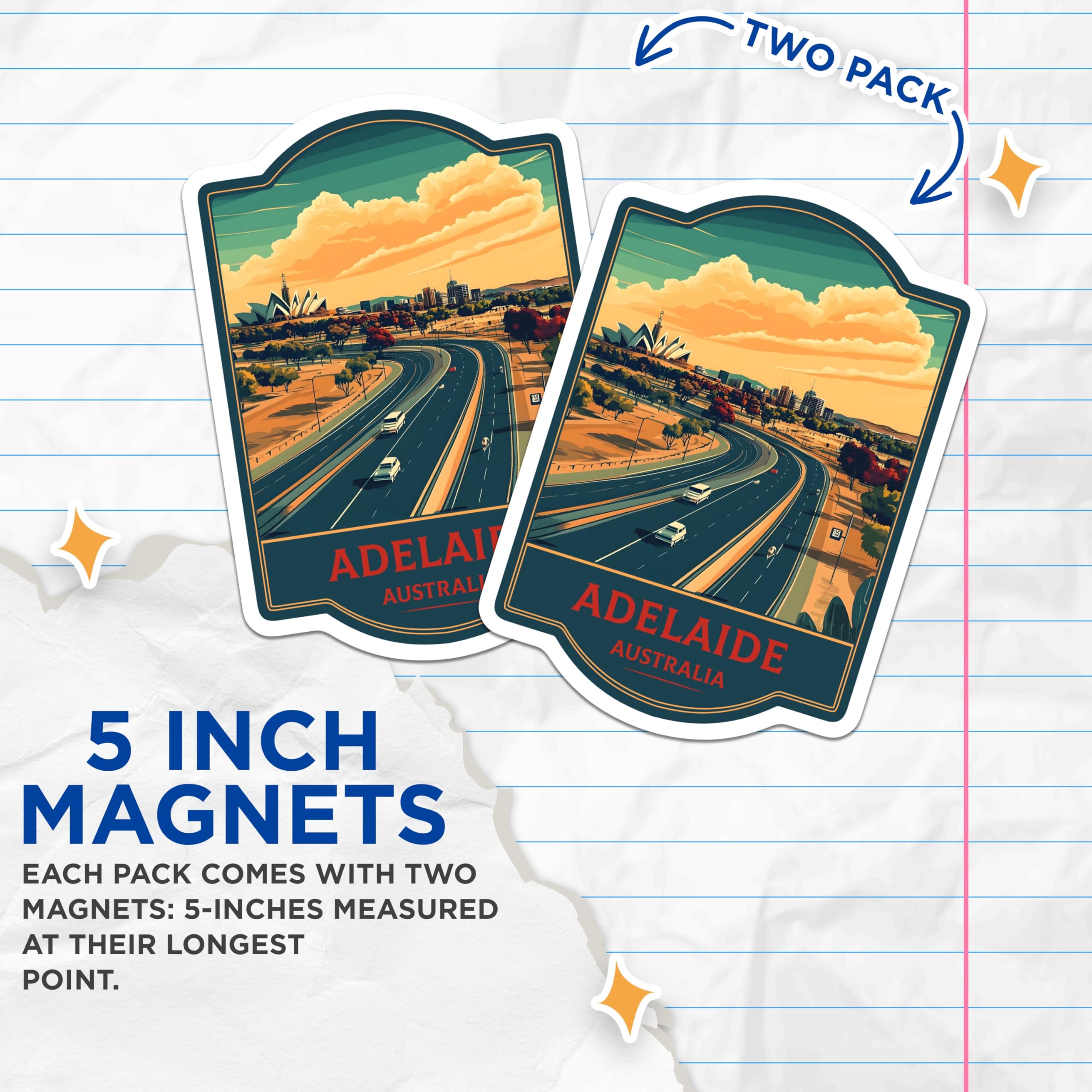 (2 Pack) Adelaide Australia Magnets - Travel Souvenir Artwork - Cityscape Landmark Decor - 5 Inches On Longest Side - Thick Durable Magnet - Made in USA - MAG20333