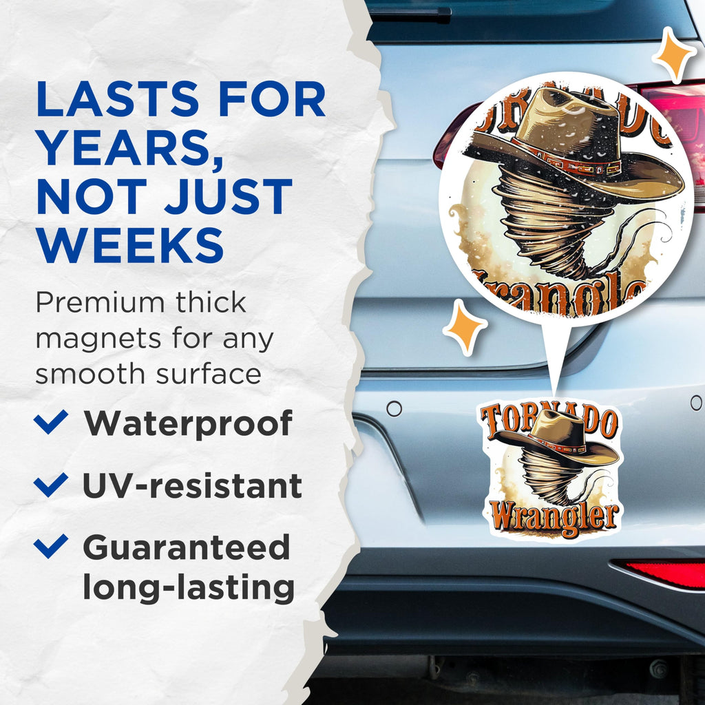 (2 Pack) Tornado Wrangler Magnets - Cowboy Hat Magnets - Rustic Western Decor Magnets - 5" On Longest Side - for Cars, Refrigerators, Toolboxes, Lockers - Made in USA MAG3597