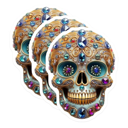 (3 Pack) Jeweled Skull Decals - Sugar Skull Art - Calavera Stickers - 3 Inches On Longest Side - Easy Peel & Apply - Made in USA - 3MCS7370