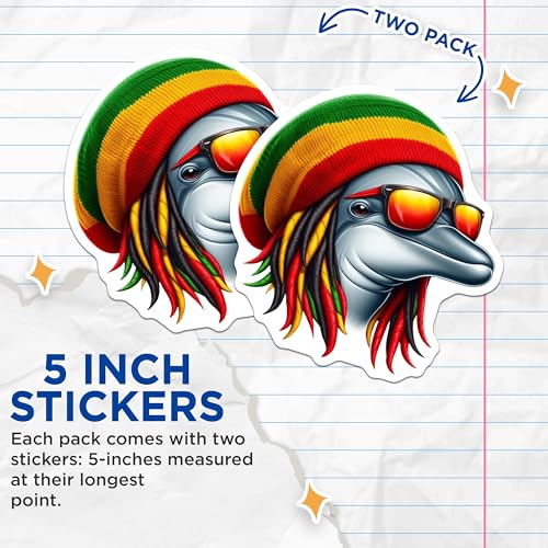 (2 Pack) Rasta Dolphin Stickers - Cool Dolphin Art - Jamaican Style Stickers - 5" On Longest Side - Sticks to Smooth Flat Surfaces - Made in USA - BMCS4381