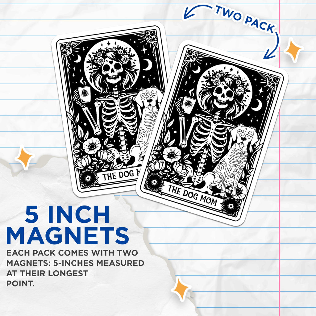 (2 Pack) Dog Mom Magnets - Skeleton Dog Lover - Floral Skull Art - Gothic Pet Parent - Celestial Night Scene - Unique Decor - 5 Inches On Longest Side - Thick Durable Magnet - Made in USA - MAG23508