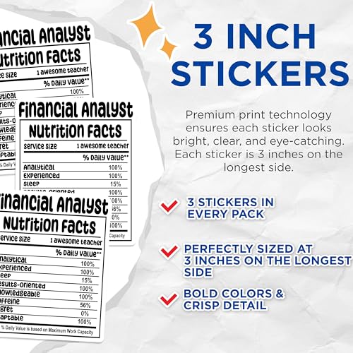 (3 Pack) Financial Analyst Decals - Nutrition Facts - Laptop Decal - 3 Inches On Longest Side - Easy Peel & Apply - Made in USA - 3MCS7564
