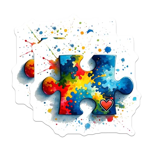 (2 Pack) Puzzle Piece Art Stickers - Colorful Paint Splash - Heart Design - 5" On Longest Side - Sticks to Smooth Flat Surfaces - Made in USA - BMCS8117