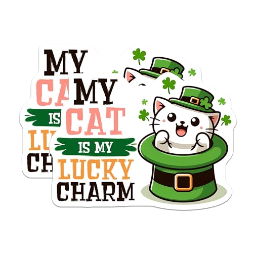 (2 Pack) Cat Lucky Charm Stickers - Funny Quotes Cute Designs - 5" On Longest Side - Sticks to Smooth Flat Surfaces - Made in USA - BMCS8096