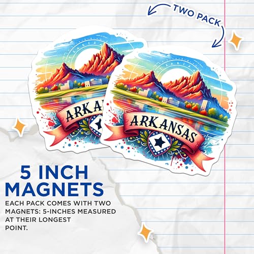 (2 Pack) Arkansas State Magnets - Travel Souvenir - Colorful Landscape - 5" On Longest Side - for Cars, Fridges, Toolboxes - Made in USA - MAG6576