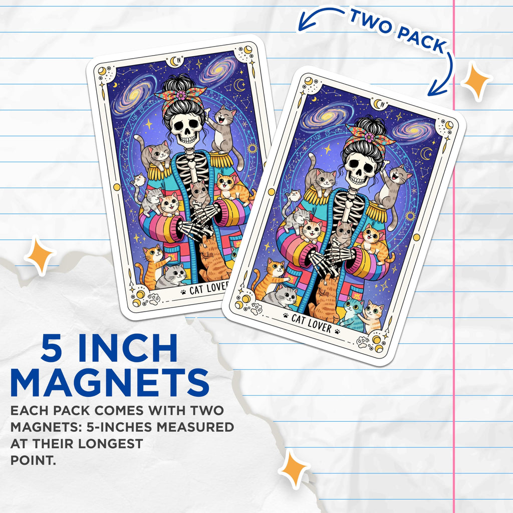 (2 Pack) Cat Lover Magnets - Skeleton Tarot Art - Cute Kitten Fridge Decor - 5" On Longest Side - Premium Magnet - for Cars, Refrigerators, Toolboxes, Lockers - Made in USA - MAG14238