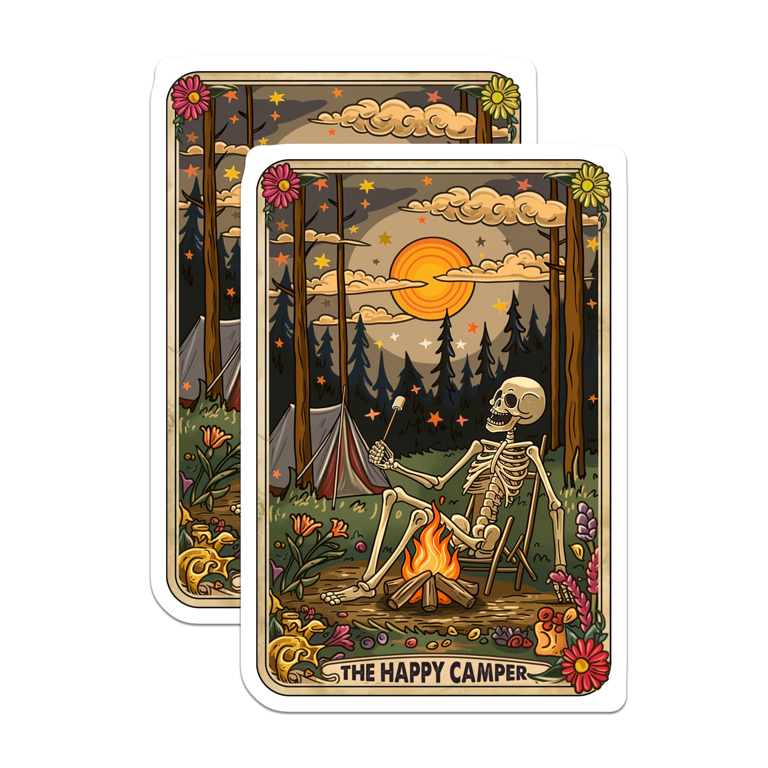 (2 Pack) Happy Camper Skeleton Magnets - Spooky Camping Decor - Gothic Forest Adventure - Unique Campfire Art - 5 Inches On Longest Side - Thick Durable Magnet - Made in USA - MAG28925
