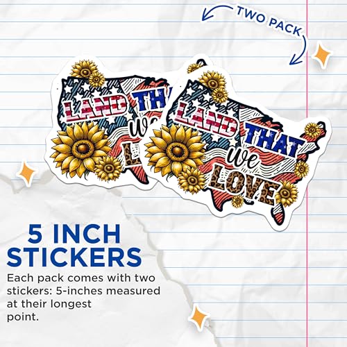 (2 Pack) Land That We Love Stickers - Patriotic Sunflower USA - American Flag Decal - 5" On Longest Side - Sticks to Smooth Flat Surfaces - Made in USA - BMCS7886