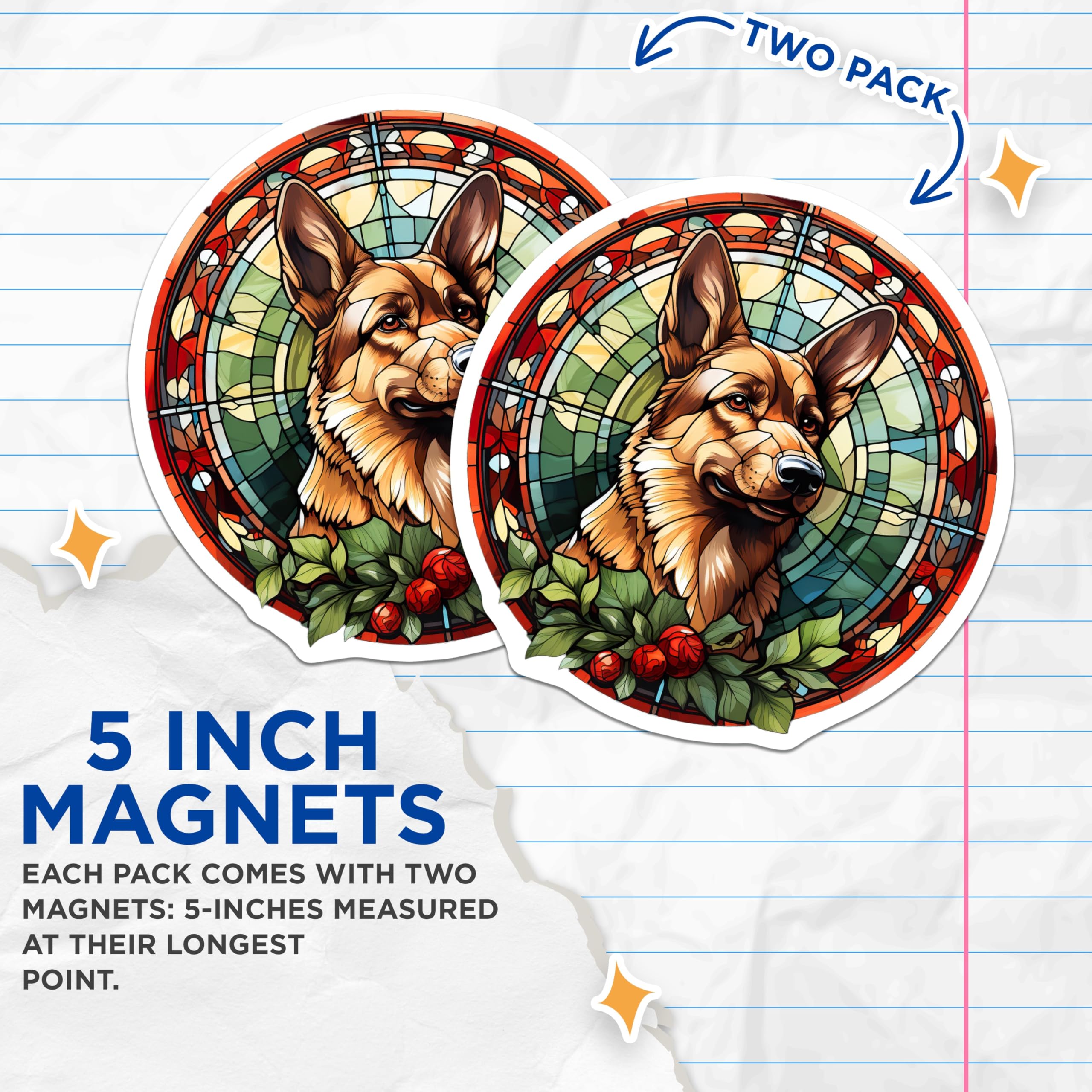 (2 Pack) German Shepherd Magnets - Dog Lover Decor - Faux Stained Glass Art - Pet Breed Refrigerator Magnets - 5 Inches On Longest Side - Thick Durable Magnet - Made in USA - MAG30957