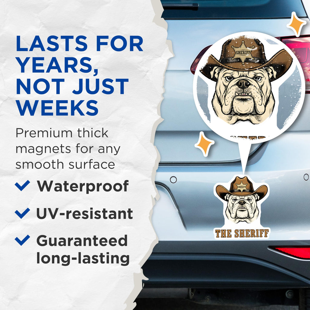 (2 Pack) Bulldog Sheriff Magnets - Cowboy Dog Decor - Western Refrigerator Magnets - 5" On Longest Side - Premium Magnet - for Cars, Refrigerators, Toolboxes, Lockers - Made in USA - MAG14517
