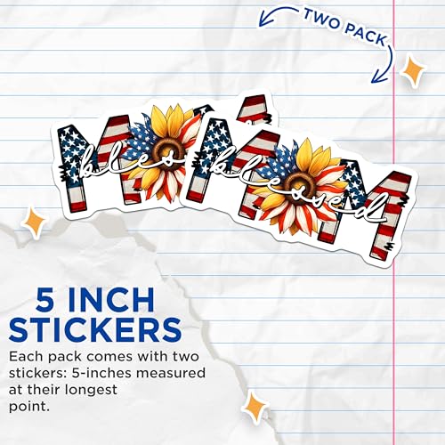 (2 Pack) Mom Blessed Stickers - Sunflower Patriotic Design - Family Quote USA Flag - 5" On Longest Side - Sticks to Smooth Flat Surfaces - Made in USA - BMCS7451