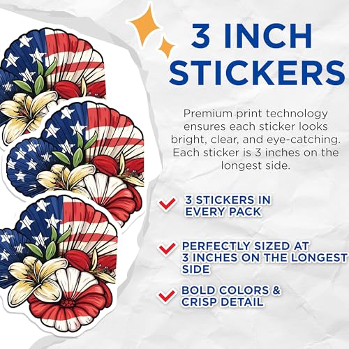 (3 Pack) Floral American Flag Decals - Patriotic Flower Stickers - Laptop Decals - 3 Inches On Longest Side - Easy Peel & Apply - Made in USA - 3MCS7736
