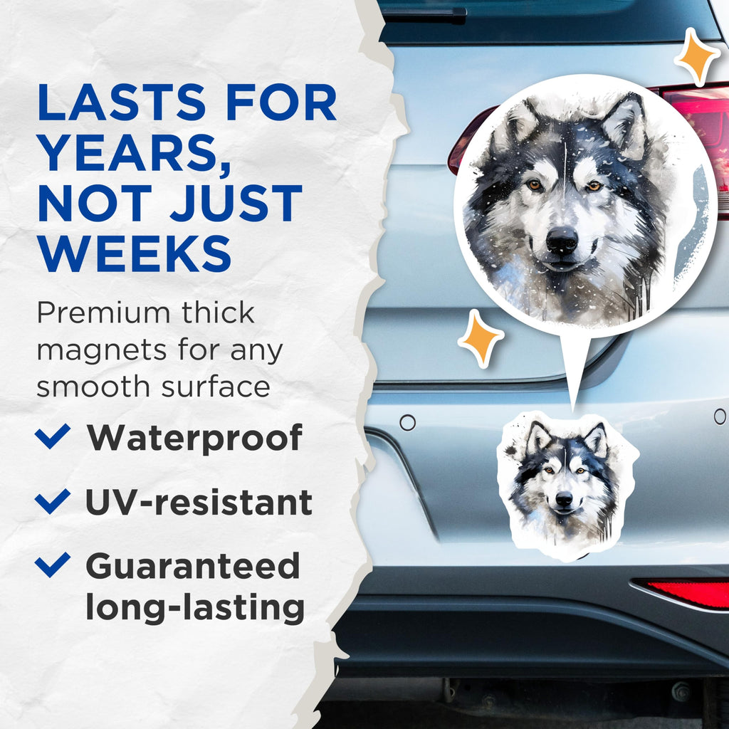 (2 Pack) Husky Dog Head Magnets - Watercolor Art Animal - Malamute Pet Lover - 5 Inches On Longest Side - Thick Durable Magnet - Made in USA - MAG29564