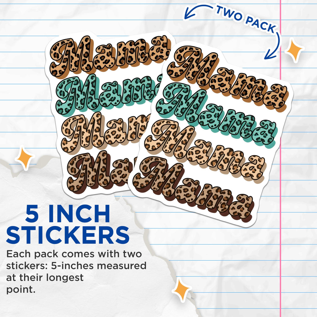 (2 Pack) Mama Stickers - Leopard Print Mom Decals - Mother's Day Celebration - 5" On Longest Side - Sticks to Smooth Flat Surfaces - Made in USA - BMCS18990