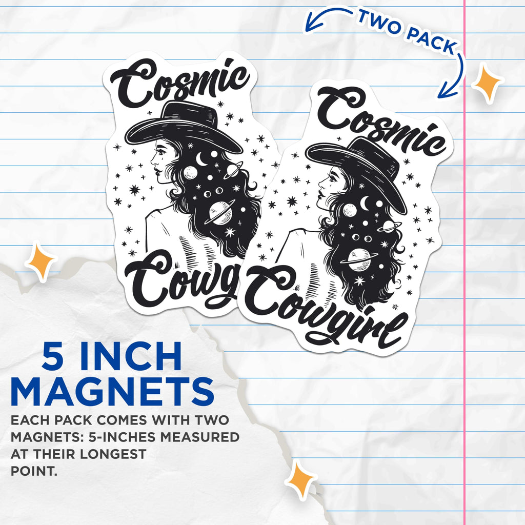 (2 Pack) Cosmic Cowgirl Magnets - Western Style Space Decor - Celestial Rodeo Magnet - 5" On Longest Side - Premium Magnet - for Cars, Refrigerators, Toolboxes, Lockers - Made in USA - MAG18100