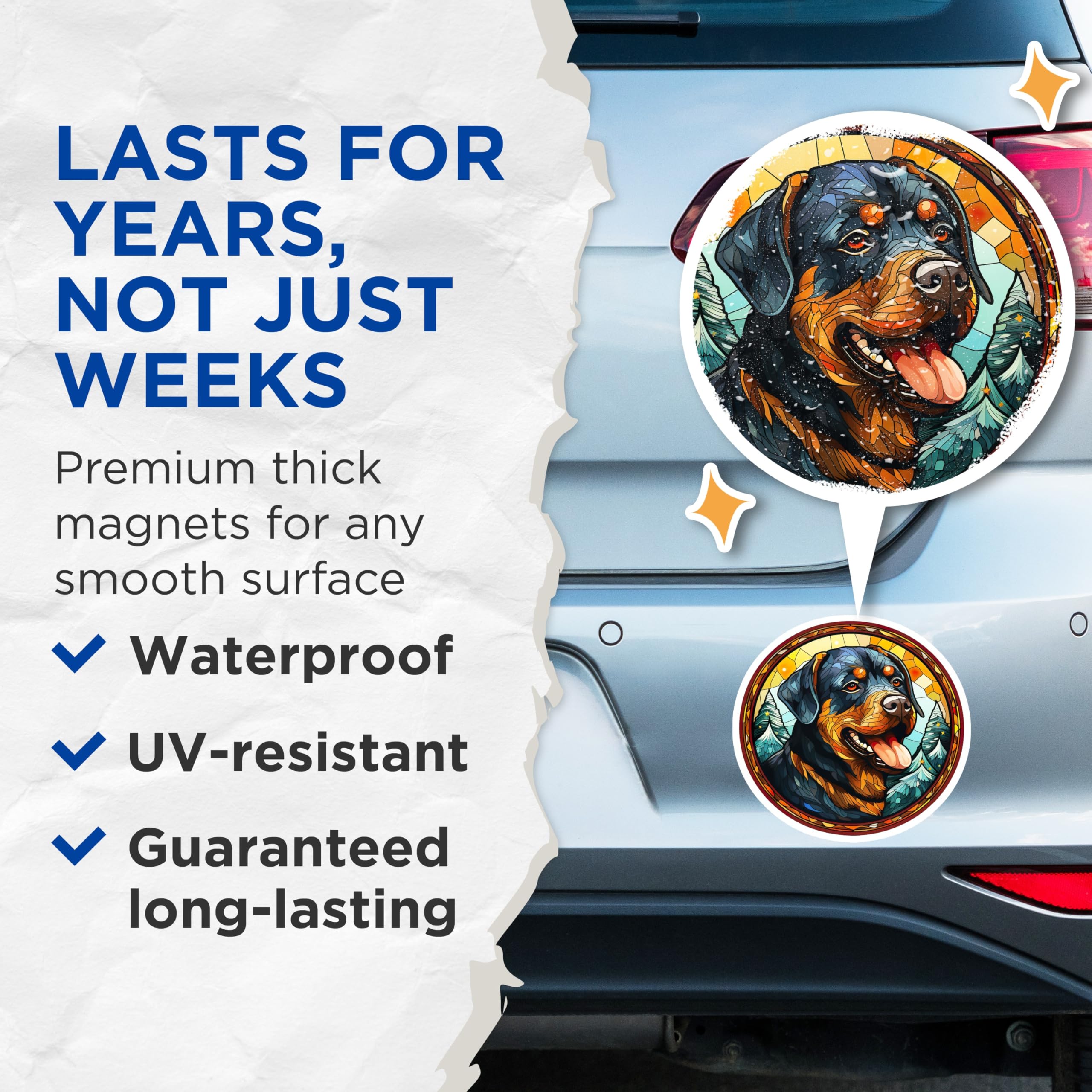 (2 Pack) Rottweiler Magnets - Stained Glass Dog Art - Winter Forest Canine Decor - Dog Breed Pet Lover Fridge Decoration - 5 Inches On Longest Side - Thick Durable Magnet - Made in USA - MAG23574