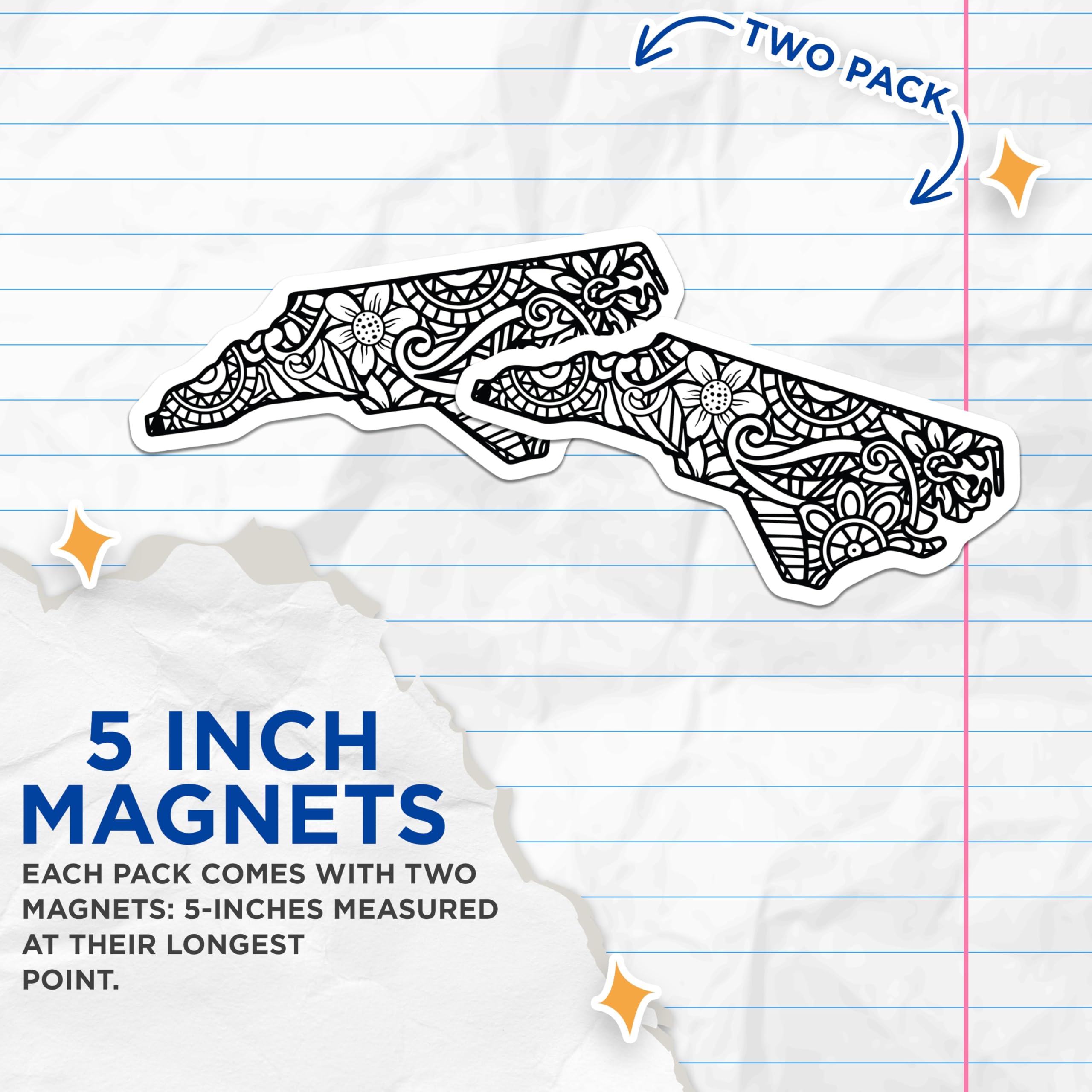 (2 Pack) North Carolina State Outline Magnets - Intricate Floral Mandala Pattern - NC Souvenir Home Fridge Decoration - 5 Inches On Longest Side - Thick Durable Magnet - Made in USA - MAG19181