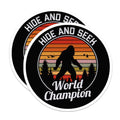 (2 Pack) Bigfoot Hide and Seek World Champion Magnets - Retro Sunset Sasquatch - Funny Outdoorsy Decor - 5 Inches On Longest Side - Thick Durable Magnet - Made in USA - MAG30012