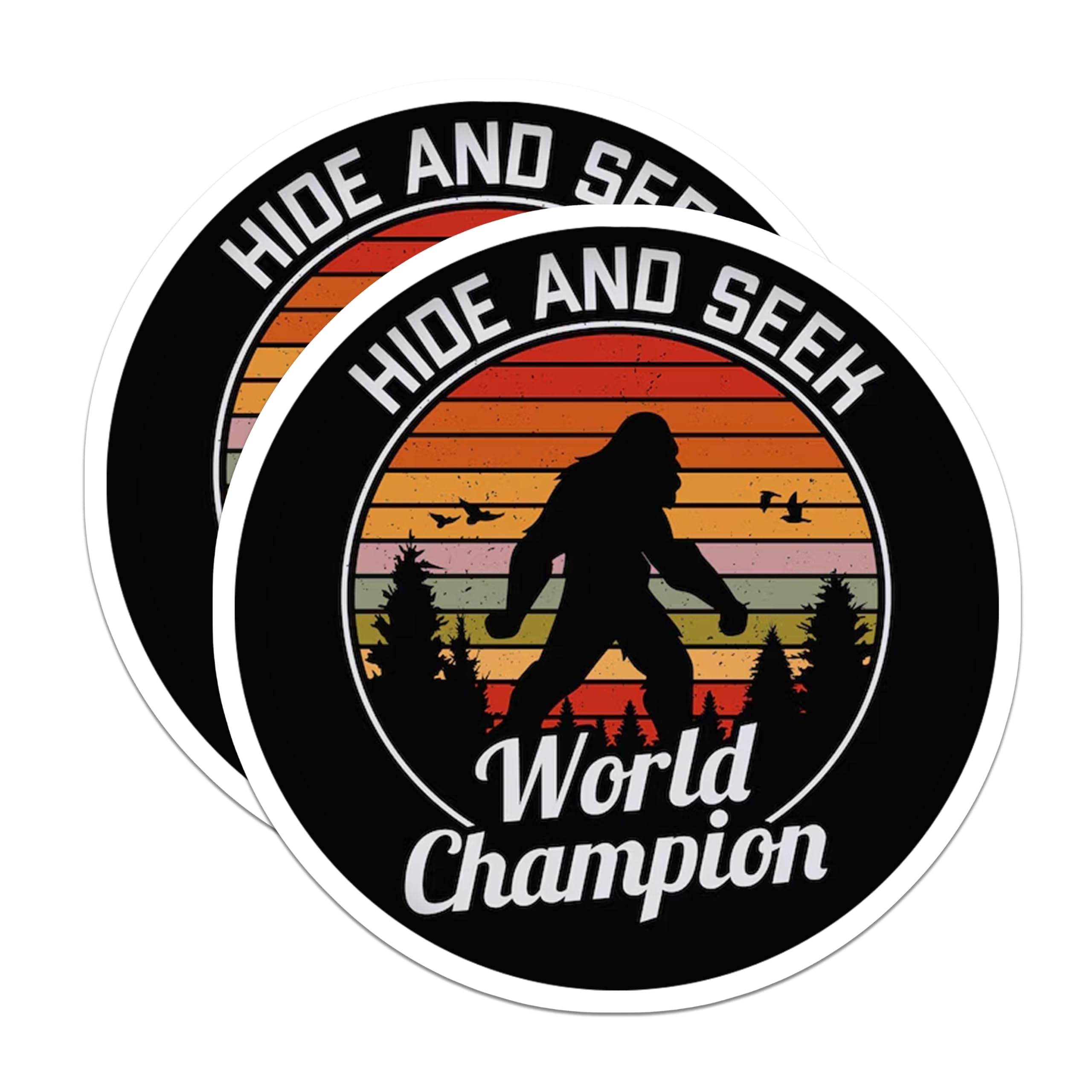 (2 Pack) Bigfoot Hide and Seek World Champion Magnets - Retro Sunset Sasquatch - Funny Outdoorsy Decor - 5 Inches On Longest Side - Thick Durable Magnet - Made in USA - MAG30012