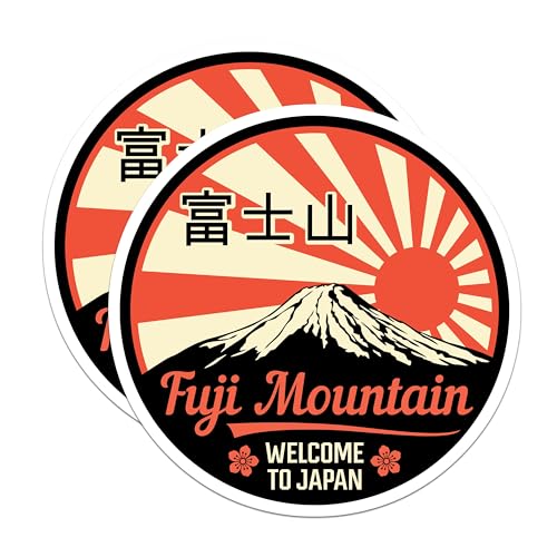(2 Pack) Fuji Mountain Stickers - Japan Travel Stickers - Welcome to Japan Stickers - 5" On Longest Side - Sticks to Smooth Flat Surfaces - Made in USA - BMCS6078