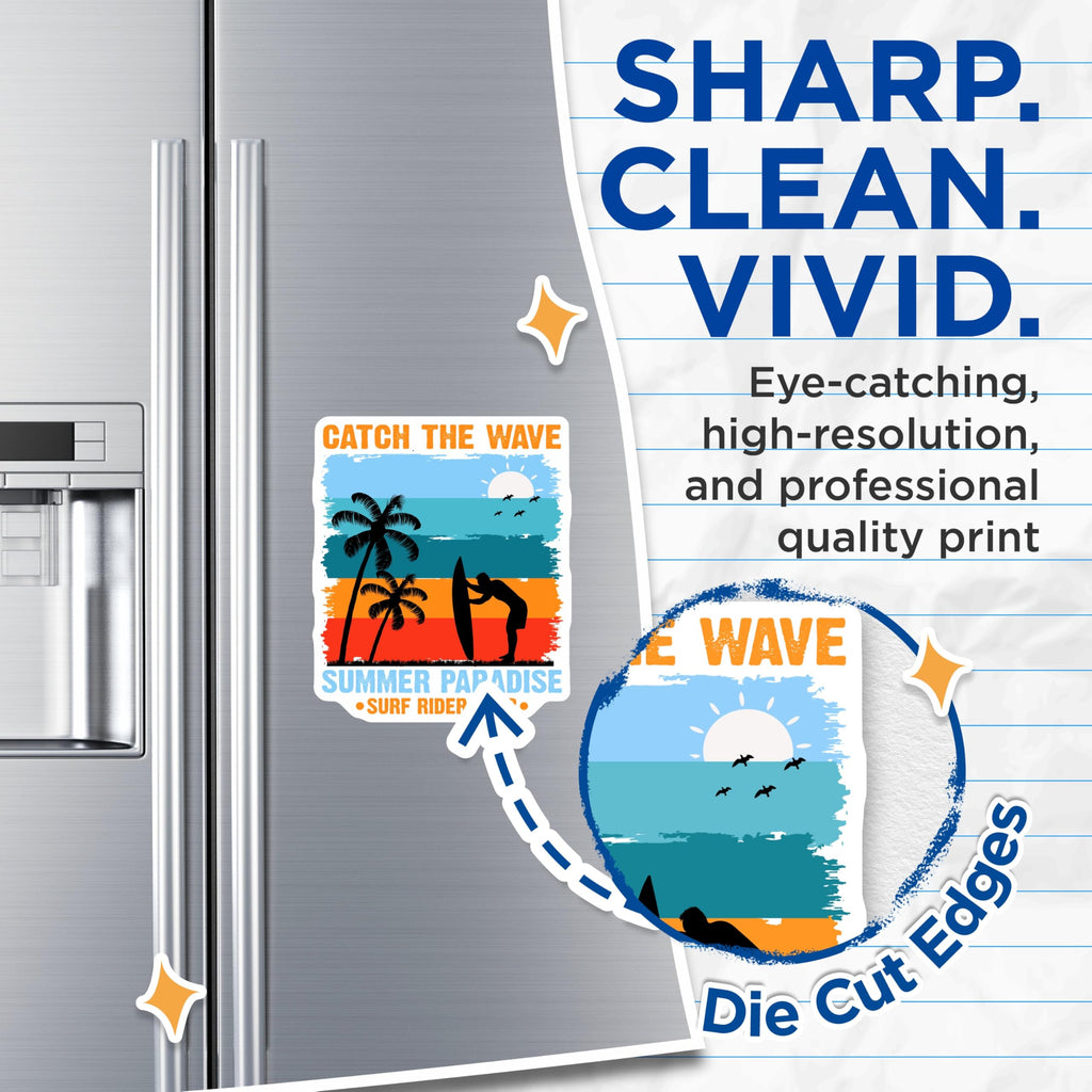 (2 Pack) Catch The Wave Surfing Magnets - Summer Paradise Beach Decor - Retro Ocean Scene - Palm Tree Surf Rider Club - 5 Inches On Longest Side - Thick Durable Magnet - Made in USA - MAG22664