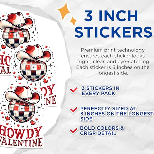 (3 Pack) Howdy Valentine Decals - Cowboy Hat - Western Valentine Decorations - 3 Inches On Longest Side - Easy Peel & Apply - Made in USA - 3MCS1922