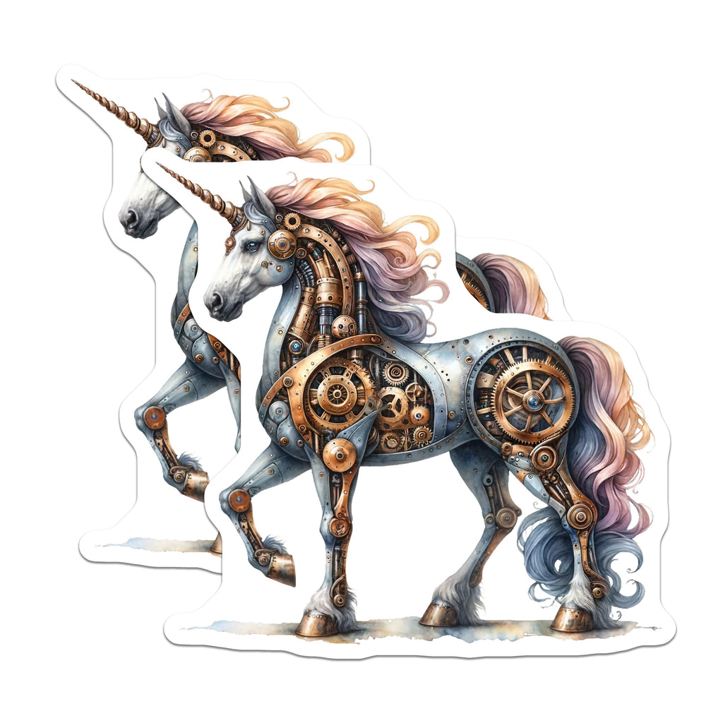 (2 Pack) Steampunk Unicorn Magnets - Mechanical Fantasy Decor - Whimsical Mythical Art - 5 Inches On Longest Side - Thick Durable Magnet - Made in USA - MAG36634