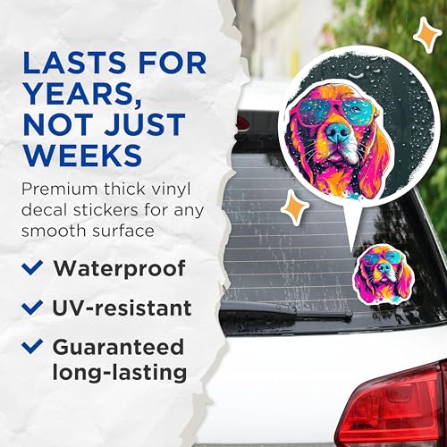 (2 Pack) Colorful Dog Stickers - Neon Dog Art - Cool Dog with Sunglasses - 5" On Longest Side - Sticks to Smooth Flat Surfaces - Made in USA - BMCS7239