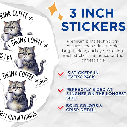 (3 Pack) Grumpy Cat Decals - Coffee Lover - Funny Laptop Decals - 3 Inches On Longest Side - Easy Peel & Apply - Made in USA - 3MCS2231