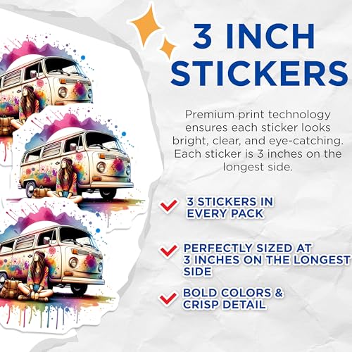 (3 Pack) Hippie Van Decals - Watercolor VW Bus - Boho Girl Laptop Decals - 3 Inches On Longest Side - Easy Peel & Apply - Made in USA - 3MCS7597