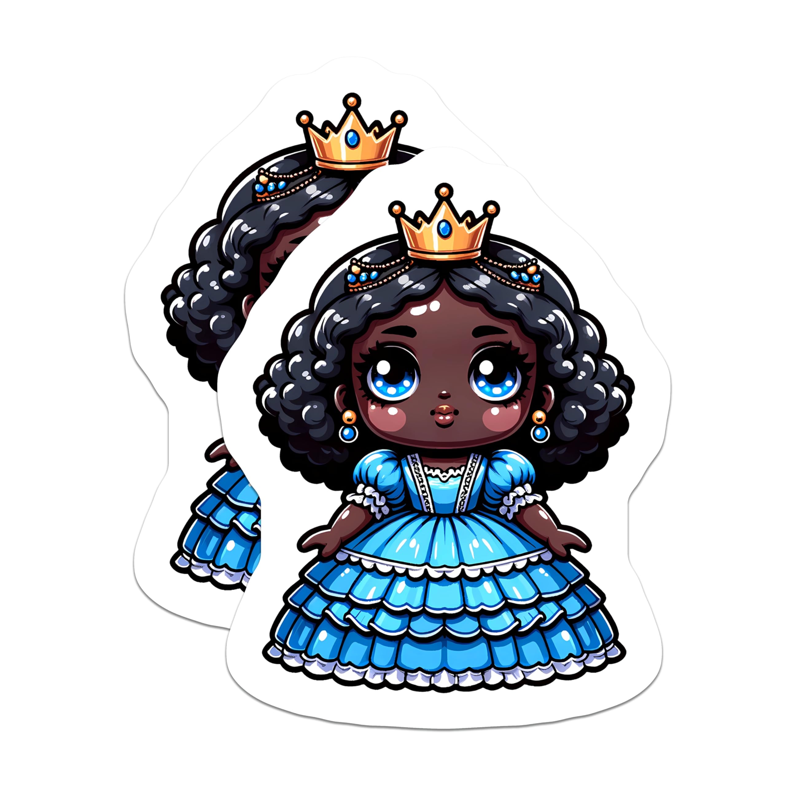(2 Pack) Cute Black Princess Magnets - African American Royal Girl Decor - Chibi Crowned Queen Art - 5 Inches On Longest Side - Thick Durable Magnet - Made in USA - MAG21504