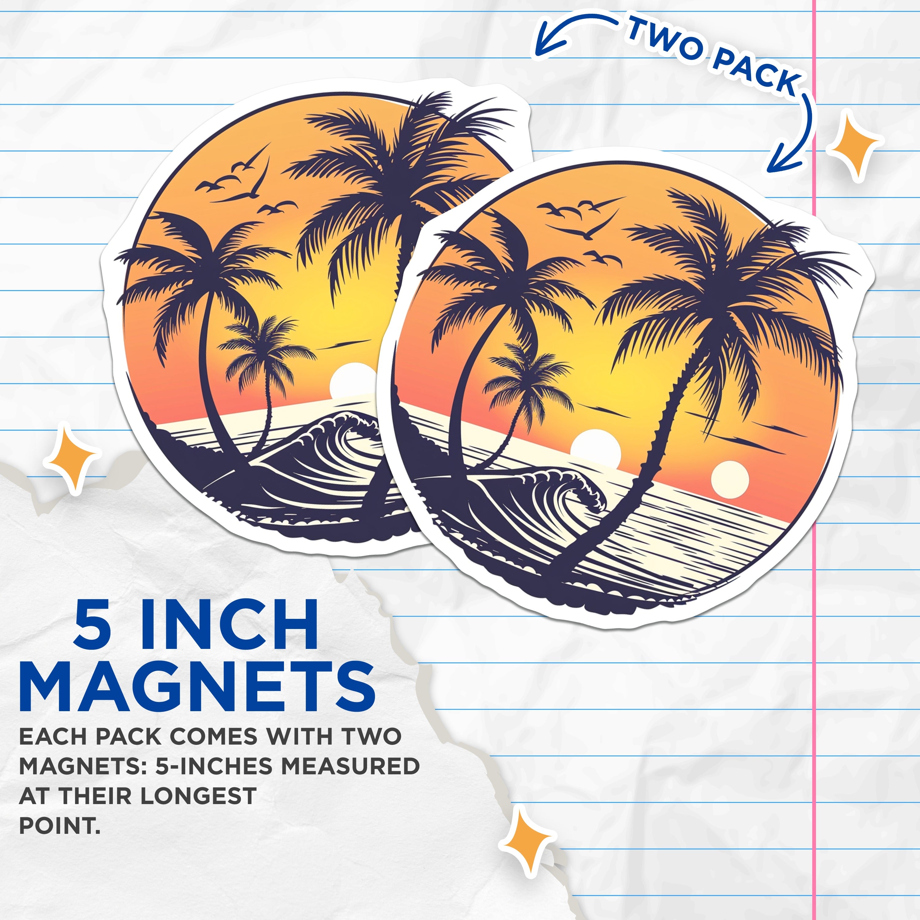 (2 Pack) Sunset Beach Magnets - Tropical Palm Tree Ocean Waves - Retro Beach House Decor - 5 Inches On Longest Side - Thick Durable Magnet - Made in USA - MAG36877