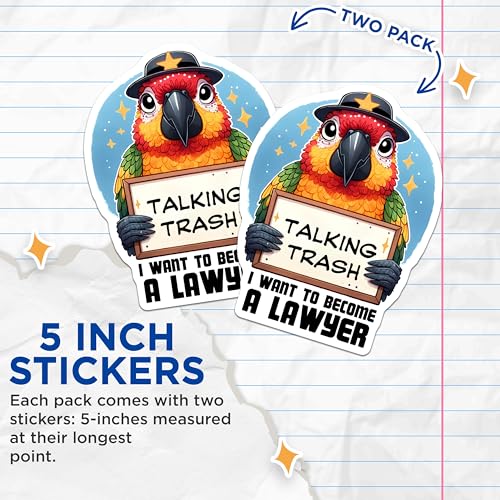 (2 Pack) Talking Trash Stickers - Funny Parrot Stickers - Motivational Lawyer Stickers - 5" On Longest Side - Sticks to Smooth Flat Surfaces - Made in USA - BMCS3730