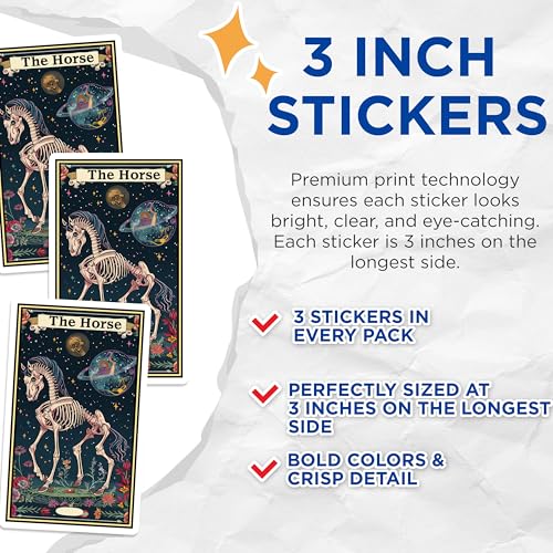 (3 Pack) Skeleton Horse Decals - Tarot Card Inspired - Spooky Halloween - 3 Inches On Longest Side - Easy Peel & Apply - Made in USA - 3MCS2487