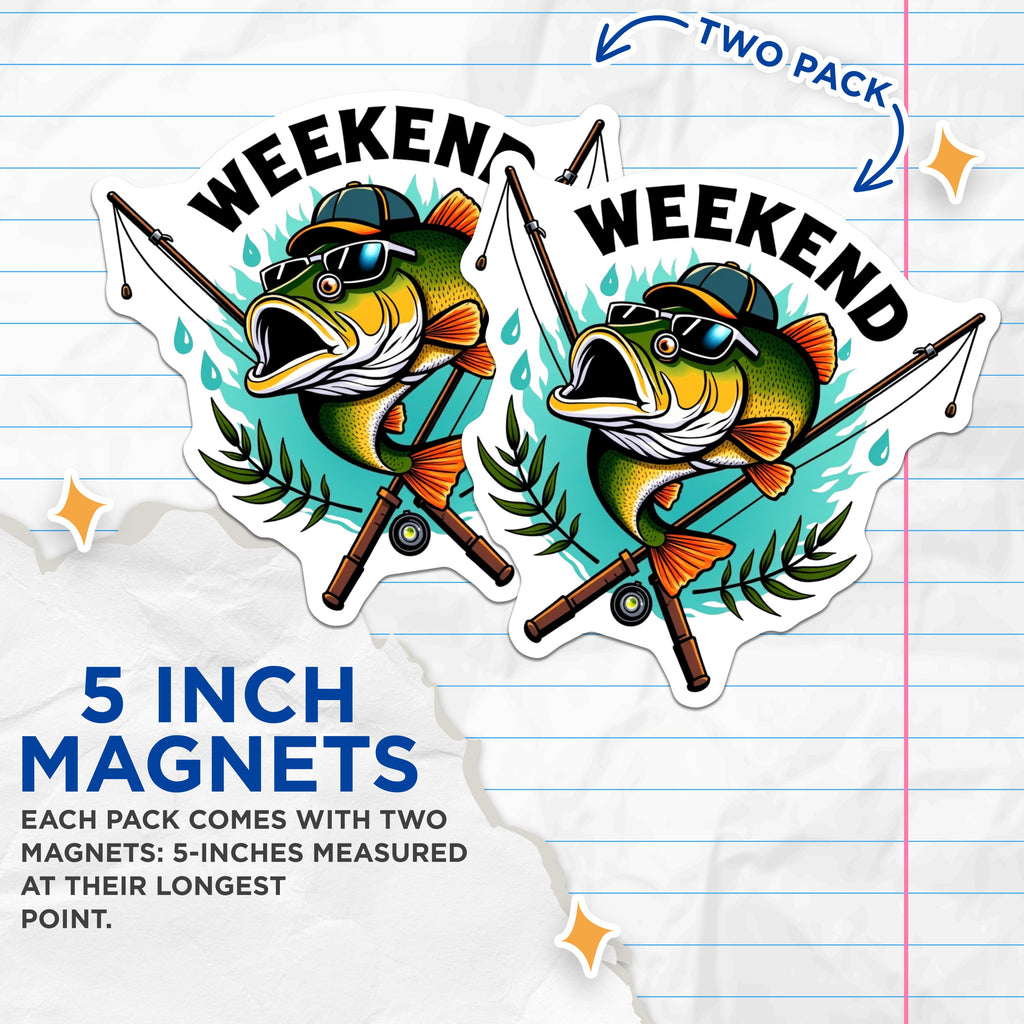 (2 Pack) Funny Fishing Magnets - Bass Fisherman Humor - Weekend Angler Fridge Decor for Men - 5 Inches On Longest Side - Thick Durable Magnet - Made in USA - MAG39699