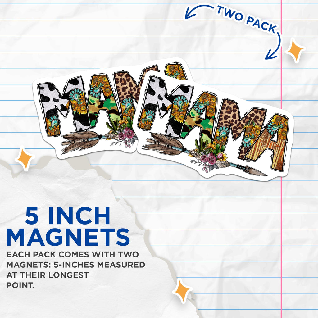 (2 Pack) Mama Western Sunflower Magnets - Turquoise Cow Leopard Camo Arrow - Rustic Boho Mom Decor - 5 Inches On Longest Side - Thick Durable Magnet - Made in USA - MAG29434