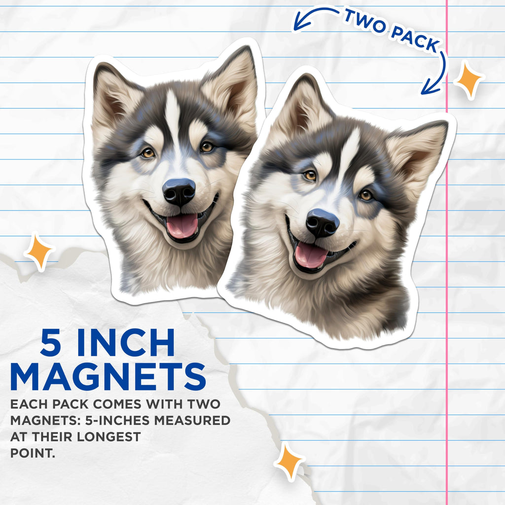 (2 Pack) Husky Puppy Magnets - Happy Dog Decor - Pet Lover Accessory - Dog Mom Dad - 5 Inches On Longest Side - Thick Durable Magnet - Made in USA - MAG26128